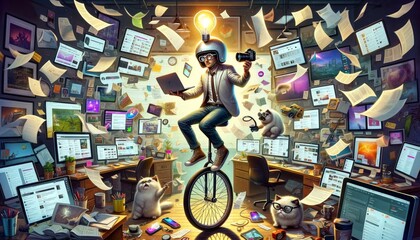 The Digital Juggler: Navigating the Content Cyclone with Humor and Flair - obrazy, fototapety, plakaty