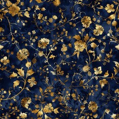 Elegant seamless floral fabric design with golden flowers on a dark background, ideal for luxury textile applications, concept of fashion, art, and exquisite craftsmanship
