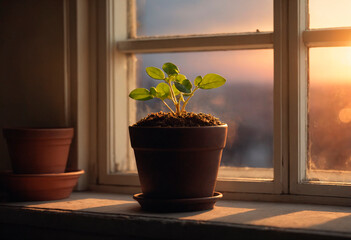 A green potted plant is placed on a window sill, where it receives natural light. The plants leaves and pot are visible, adding a touch of nature to the indoor space.