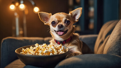 cute dog at home with popcorn