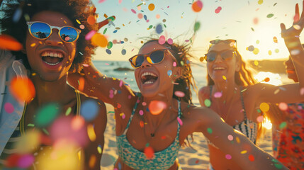 Joyful Beach Party Celebration with Friends at Golden Hour - obrazy, fototapety, plakaty