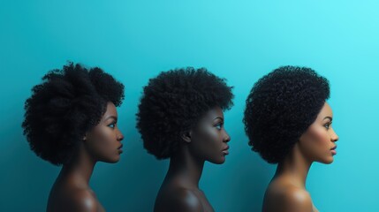  a series of three mannequin heads with natural hair on each side of the heads, against a blue background, with three different angles of the same size. - obrazy, fototapety, plakaty