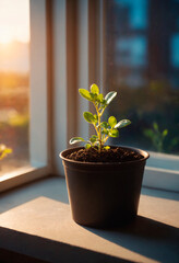 A green potted plant is placed on a window sill, where it receives natural light. The plants leaves and pot are visible, adding a touch of nature to the indoor space.