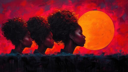  a painting of three women facing each other in front of an orange and red sky with a full moon in the middle of the painting and a black woman's head.