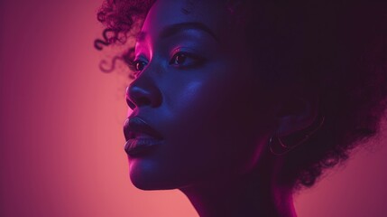  a close up of a woman's face with an afro hairdow and a pink light behind her and a pink background with a black outline of the image of a woman's face.