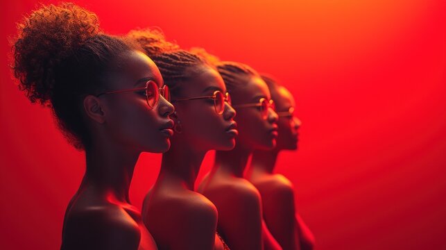  a group of mannequins wearing glasses against a red background with the image of a woman's face in the middle of the photo, and the image of the woman's profile.