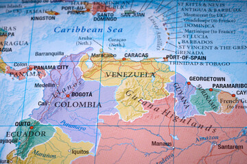 Colombia Venezuela on the world map close up