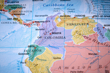 Obraz premium Colombia Venezuela on the world map close up