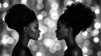  a black and white photo of two women facing each other in front of a boke of lights in black and white, with the image of two women facing each other.