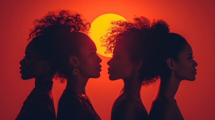  a group of three women standing next to each other in front of a red and yellow background with the sun in the background and the silhouette of the woman's head.