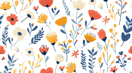 Floral cartoon pattern cute seamless flowers on whit - obrazy, fototapety, plakaty