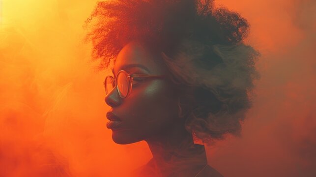 a woman with glasses standing in front of an orange and yellow smoke filled background with the image of a woman with glasses standing in front of an orange smoke filled background.