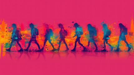  a group of people walking down a street next to a neon colored painting of a group of people walking down a street next to a neon colored background of buildings.