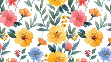 Fototapeta na wymiar Floral cartoon pattern cute seamless flowers on whit