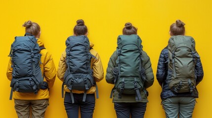  a group of people standing next to each other in front of a yellow wall with backpacks on the back of the back of the people's backpacks.