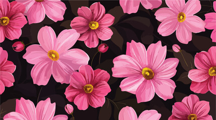 Floral pattern cartoon pink seamless flowers on blac