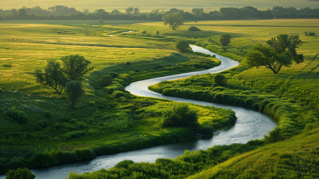  fiume tortuoso attraverso campi di grano e pascoli nel cuore del Midwest