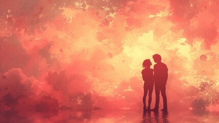  a couple of people standing next to each other in front of a bright orange and red cloud of smoke and water with a reflection on the surface of the water.
