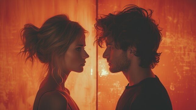  A Man And A Woman Standing Next To Each Other In Front Of A Red Wall With Light Coming In From Behind The Man's Head And The Woman's Head.