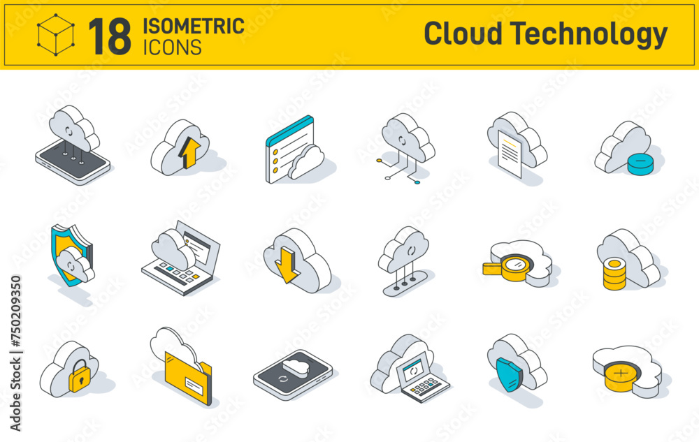 Fototapete set of isometric cloud technology icons isolated on white background. computing, computer cloud and 