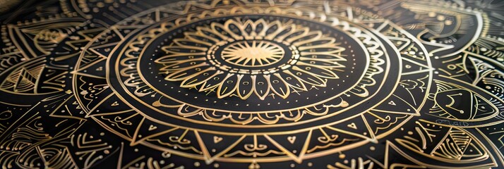 A celestial-themed mandala with intricate geometric patterns and gold metallic highlights 