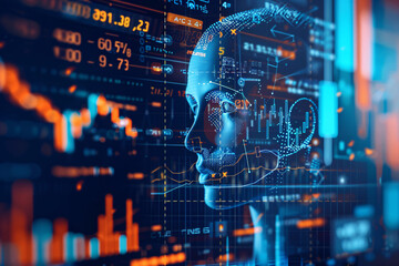 KI-gesteuerter Roboter im Close-up mit rot-blau leuchtenden Kursverl&auml;ufen und Daten &ndash; Symbol f&uuml;r k&uuml;nstliche Intelligenz im Finanz- und Datenhandel