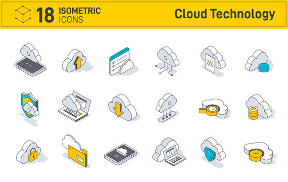 Set of isometric cloud technology icons isolated on white background. Computing, Computer cloud and Cloud Hosting. Contains such Icons as Data Sync, Transfer, Cloud Settings and more.
