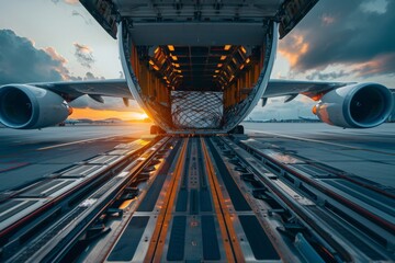 Cargo being loaded into an aircraft at sunset, highlighting global trade and the efficiency of modern logistics
