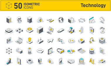 Technology isometric icon. Modern outline line 3d style. Global Connection, Cloud Data Technology Services, Information Technology. Abstract Electronics.