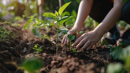 Human hands planting sprouts while working in the garden. Ecology concept. AI Generated 