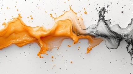  an orange and black liquid swirls on a white surface with a black and white line in the middle of the image and a black and white line in the middle of the image.