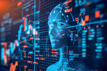 KI-gesteuerter Roboter im Close-up mit rot-blau leuchtenden Kursverl&auml;ufen und Daten &ndash; Symbol f&uuml;r k&uuml;nstliche Intelligenz im Finanz- und Datenhandel