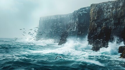 Stormy Seas and Cliffs of Scotland with Flying Birds - obrazy, fototapety, plakaty