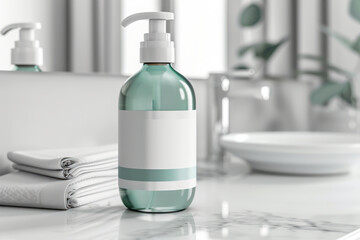 Fototapeta na wymiar Shampoo green bottle mockup with blank label in bathroom. Minimalist style. Generative AI