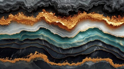  a close up of an abstract painting with gold, blue, and black waves in the center of the image and gold and black waves in the middle of the image.