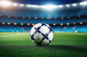 Fototapeta premium Soccer ball rests on grass of green field in front of majestic lit up, creating exciting atmosphere stadium. Scene captures essence of game, ready for action, excitement. Advertising, banner, print.