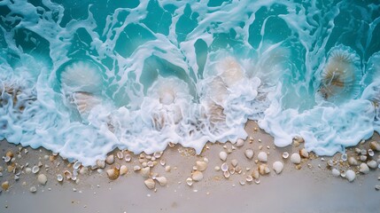 Turquoise Ocean and Beach View with Sea Shells and Waves