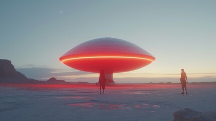  a person standing in front of a large object in the middle of a desert with a person standing next to it in front of a large object in the distance.