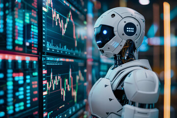 KI-gesteuerter Roboter im Close-up mit rot-blau leuchtenden Kursverl&auml;ufen und Daten &ndash; Symbol f&uuml;r k&uuml;nstliche Intelligenz im Finanz- und Datenhandel