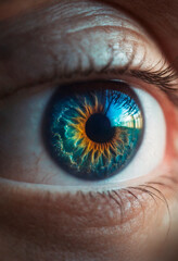 Fototapeta premium Close Up of Persons Blue Eye. Intricate details of a persons vivid blue eye, highlighting the iris, pupil, and surrounding skin. The eye is open
