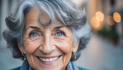 ritratto donna anziana con occhi azzurri pelle rugosa  - obrazy, fototapety, plakaty
