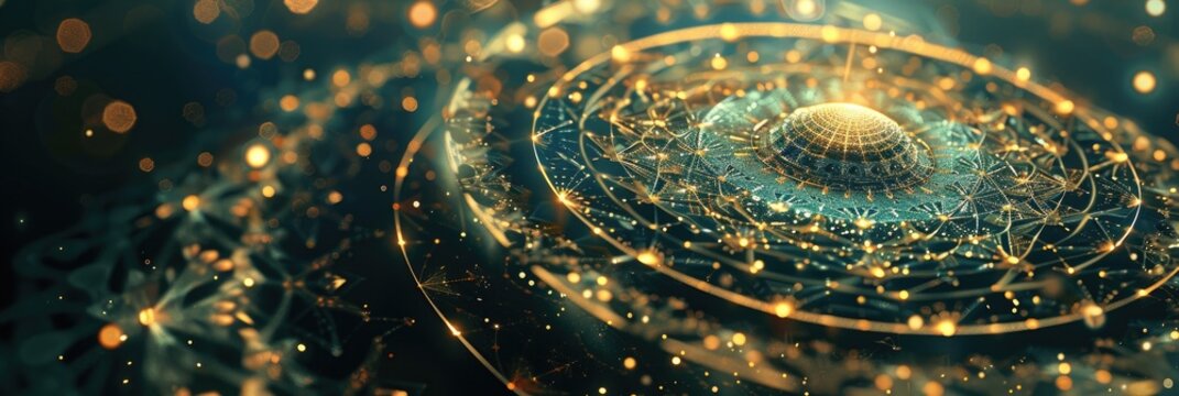 A celestial-themed mandala with intricate geometric patterns and gold metallic highlights 