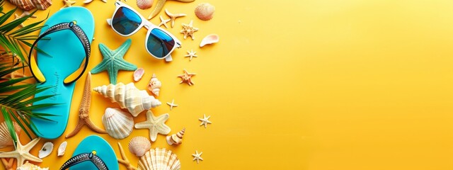 Tropical summer vacation concept with flip-flops, sunglasses, and seashells on a bright yellow background, symbolizing leisure and beach holidays
