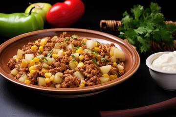 An inviting dish of chayote squash and corn topped with delicious ground meat, garnished with fresh herbs. Chayote Squash and Corn Delight with Ground Meat
