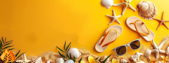 Beach essentials arranged on a yellow background, including flip-flops, sunglasses, and seashells. Concept of summer vacation, relaxation, and travel preparation.