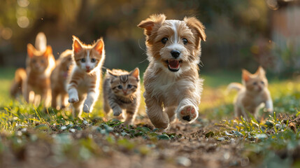 Naklejka na ściany i meble Cute funny dog and cat group jumps and running and happily a field blurred background