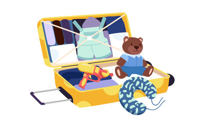 Open kids yellow suitcase with childish clothes and toys inside. Packing cute teddy bear and water plastic gun for playing of child tourist, overalls and neck travel pillow cartoon vector illustration