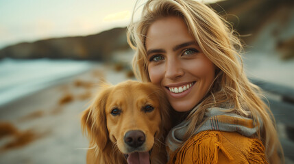 A woman is on the summer beach, her loyal dog by her side.