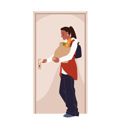 Girl with purchases from grocery store or supermarket standing at entrance to home apartment. Young woman holding bag and handle of closed door to open and walk inside cartoon vector illustration