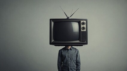 Man with TV instead of a head. Mass media control concept. Campaigns and brain washing idea. Copy space.